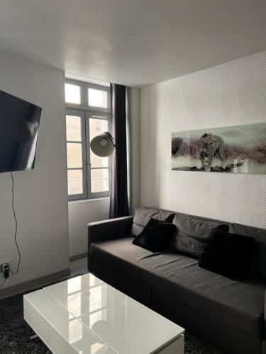un salon avec un canapé et une table en verre dans l'établissement Studio Avignon, à Avignon