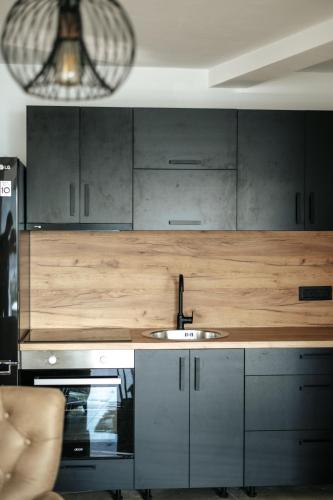 a kitchen with gray cabinets and a sink at Resort Stikovic in Dobra Voda