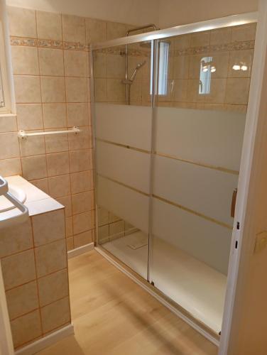 une douche avec une porte vitrée dans une salle de bain dans l'établissement Villa Gabriel, à Goult