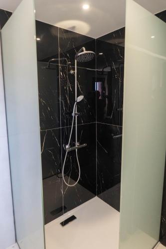 a bathroom with a shower with black tiles at Adaman Villas in Meganisi