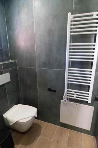 a bathroom with a toilet and a shower at Adaman Villas in Meganisi
