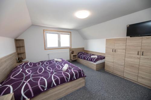 a bedroom with two beds and a flat screen tv at Chalupa Dešná in Dešná