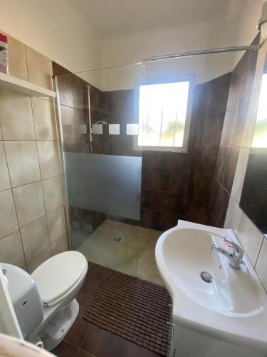 une salle de bain avec un lavabo blanc et des toilettes dans l'établissement Appart rdc accès direct plage 6ARIST8, au Barcarès