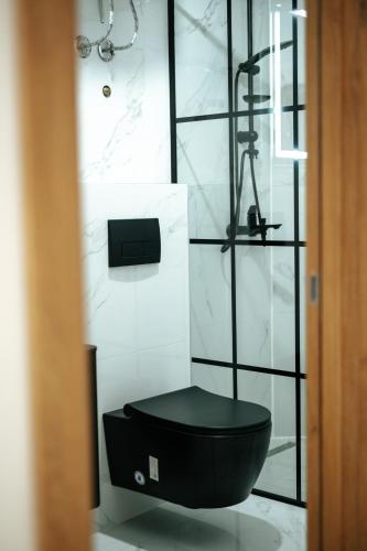 a bathroom with a black toilet in a room at Resort Stikovic in Dobra Voda