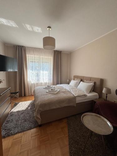 - une chambre avec un grand lit et une télévision dans l'établissement Vila Weekend, à Rogaška Slatina