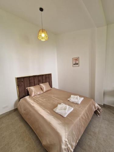 une chambre avec un grand lit avec deux oreillers dessus dans l'établissement Maison avec accès au jardin - très proche sites JO, à Pierrefitte-sur-Seine