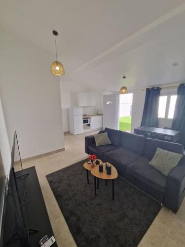 un salon avec un canapé bleu et une table dans l'établissement Maison avec accès au jardin - très proche sites JO, à Pierrefitte-sur-Seine