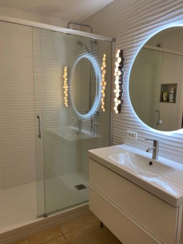 une salle de bain avec une douche, un lavabo et un miroir dans l'établissement Appartement Les Cigales Rez de Jardin à 10mn des plus belles plages, à Hyères