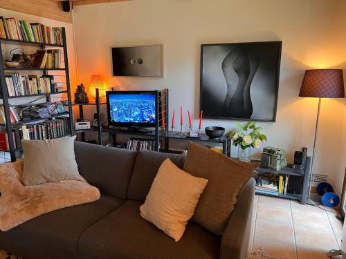 salon z kanapą i telewizorem w obiekcie Unique Sustainabel Lodge in the Swiss Jura Mountains w mieście Neuchâtel