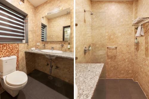 two pictures of a bathroom with a toilet and a shower at Treebo White Castle, Gurgaon in Gurgaon