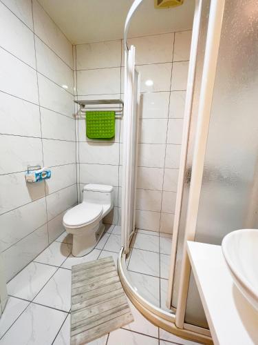 a bathroom with a toilet and a shower and a sink at Matsu Blue Zhuhai B&B in Nangan