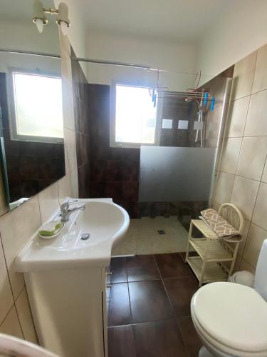 une salle de bain avec un lavabo blanc et des toilettes dans l'établissement Appart rdc accès direct plage, 8ARIST8, au Barcarès