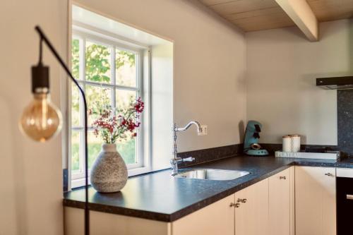 a kitchen with a sink and a window at Natuurlogies Buurse Buiten in Haaksbergen