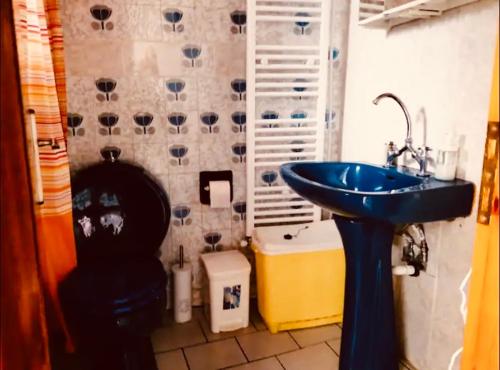 uma casa de banho com um lavatório azul e um WC. em The Traditional Greek House em Ioannina