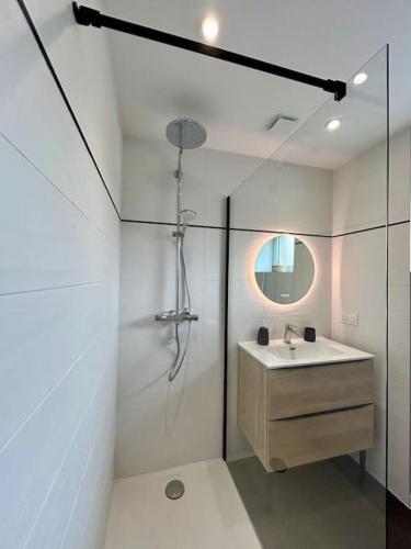 une salle de bain avec un lavabo et une douche avec un miroir dans l'établissement Belle Maison à Tarnac Corrèze, à Tarnac