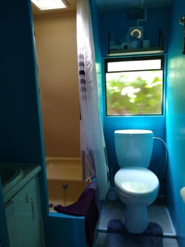 La salle de bains bleue est pourvue de toilettes et d'une fenêtre. dans l'établissement mobile home Norman à louer dans un charmant village, à Blangy-le-Château