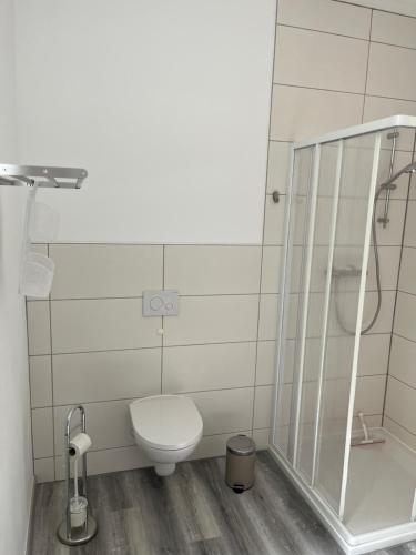 a bathroom with a toilet and a shower at Ferienwohnung am Schloßgarten in Oranienbaum-Wörlitz