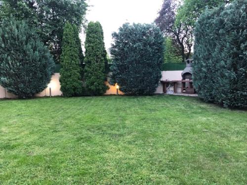 a yard with trees and a bench in a yard at Lilu House in Campina
