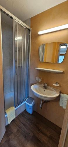 a bathroom with a sink and a shower at Hotel-Garni Pramstraller in Mayrhofen