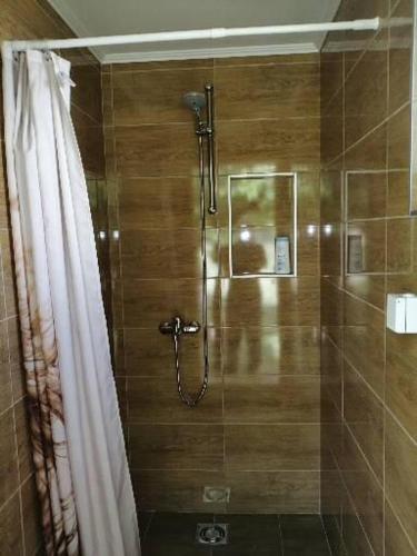 a shower in a bathroom with a shower curtain at Katun in Vrdnik