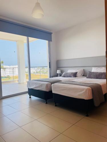 two beds in a room with a large window at Fig Tree View Apartments in Protaras