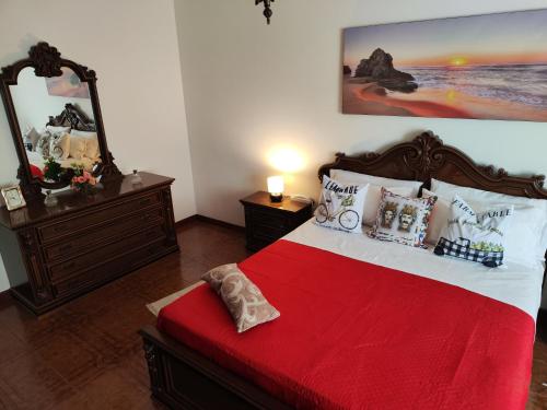 um quarto com uma cama com um cobertor vermelho e almofadas em Panoramico WiFi TV Centro Storico em Casteldaccia