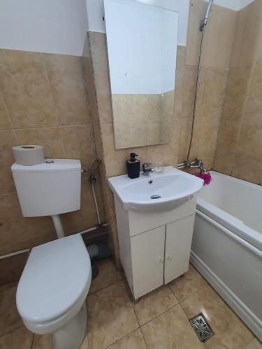 a bathroom with a toilet and a sink and a tub at Apartament 2 camere cazare in Zalău