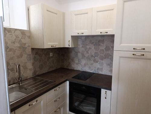 a kitchen with white cabinets and a sink at Apartments Katica in Metajna