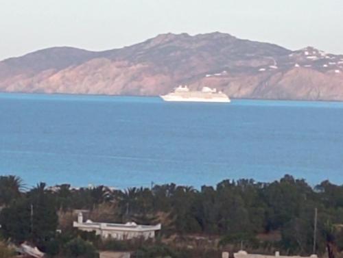 a large cruise ship in the water with mountains at Sea melody tinos 3 in Agios Sostis
