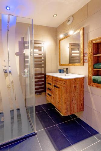 une salle de bain avec un lavabo et une douche dans l'établissement Vue sur les montagnes-wifi-terrasse, à Saint-Jean-dʼArvey