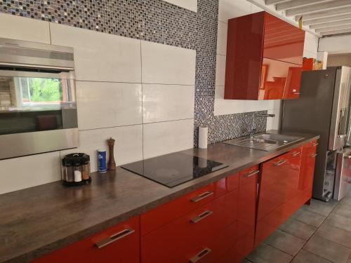 La cuisine est équipée de placards rouges et d'un évier en acier inoxydable. dans l'établissement Villla La Label, à Notre-Dame-de-la-Rouvière