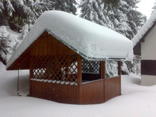 a gazebo with snow on top of it at Chata Studnička in Jakubovany