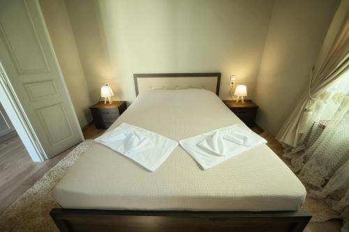 a bed with two pillows on it in a bedroom at STEMA Kalymnos in Kalymnos