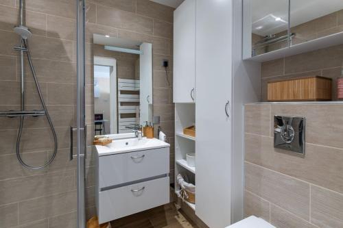 une salle de bain avec une douche, un lavabo et un miroir dans l'établissement Superbe studio bord de mer avec terrasse & piscine, à Cannes