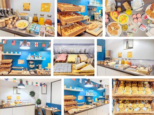 a collage of photos of a bakery at Best Western Nouvel Orléans Montparnasse in Paris