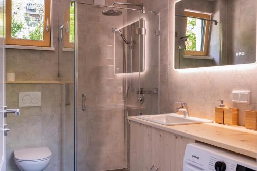a bathroom with a shower and a toilet and a sink at Cottage Bad Ischl in Bad Ischl