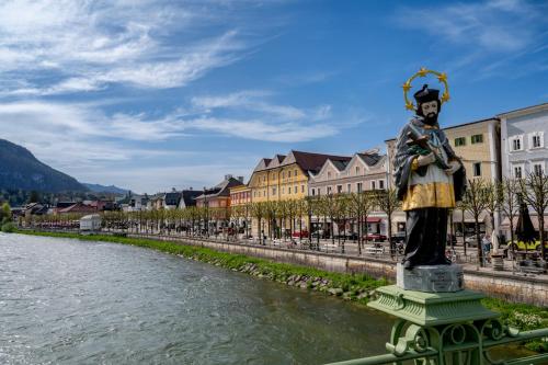 a statue of a man standing next to a river at Cottage Bad Ischl in Bad Ischl