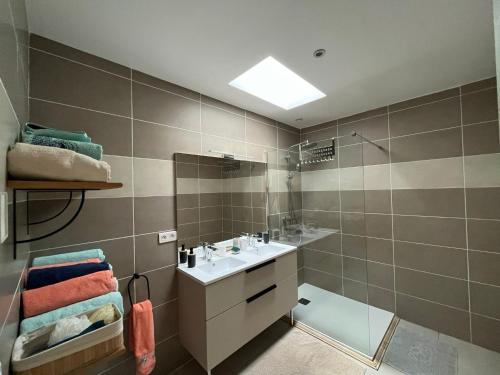bagno con lavandino e doccia di Villa provençale avec piscine a Saint-Andiol