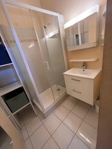 une salle de bain avec douche et lavabo dans l'établissement Appartement port GRUISSAN, à Gruissan