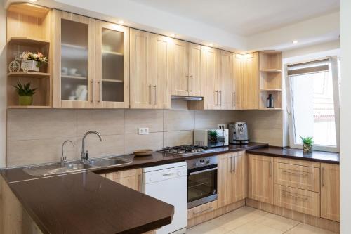 a kitchen with wooden cabinets and a sink at Tokaj Family Apartment in Tokaj