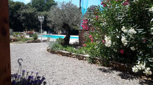 a garden with flowers and a swimming pool at L'Abrialys in Lorgues