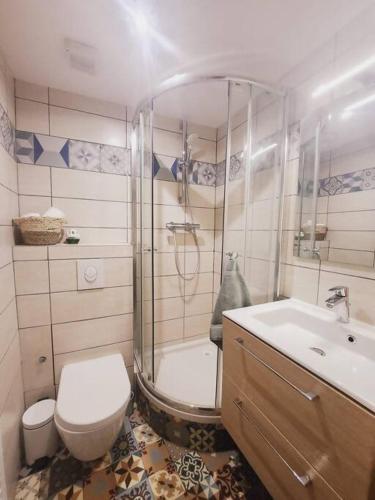 une salle de bain avec une douche, des toilettes et un lavabo dans l'établissement Coqueto Estudio, à Paris