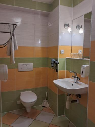 a bathroom with a toilet and a sink at Hotel Garni Rambousek in Prague