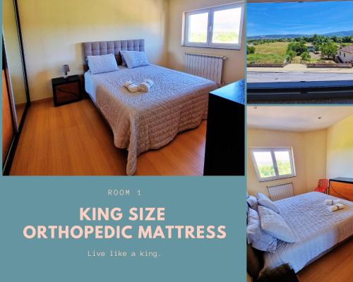 two pictures of a bedroom with two beds in a room at Casa do Tâmega in Chaves
