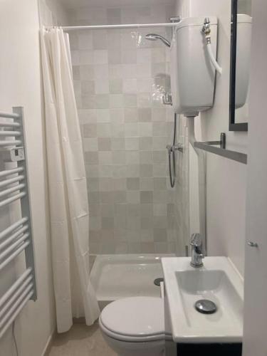 une salle de bain avec toilettes, lavabo et douche dans l'établissement Chez Guillaume joli Studio, RER proche château et direct Paris, Petite Cour ensoleillée, à Versailles