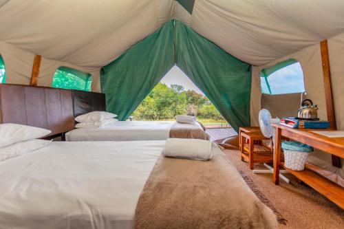 1 dormitorio con 2 camas en una tienda de campaña en Bezhoek Tented Camp, en Middelburg