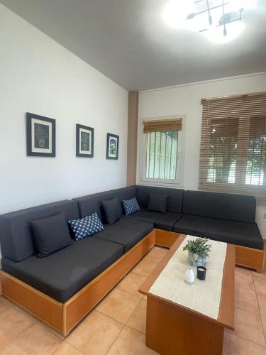 a living room with a black couch and a table at To Rodakino in Litochoro