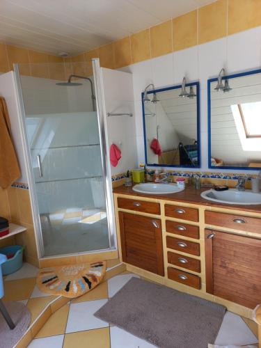 une salle de bain avec deux lavabos et une douche en verre dans l'établissement L'Oasis, au Mans