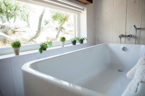 a white bath tub in a bathroom with potted plants at Casas Do Coro in Marialva
