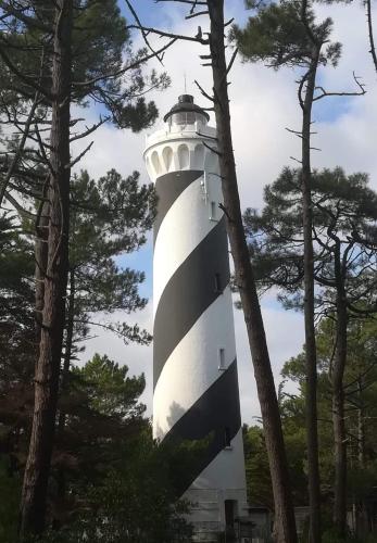 un faro bianco e nero in mezzo agli alberi di Vacances contis plage a Saint-Julien-en-Born